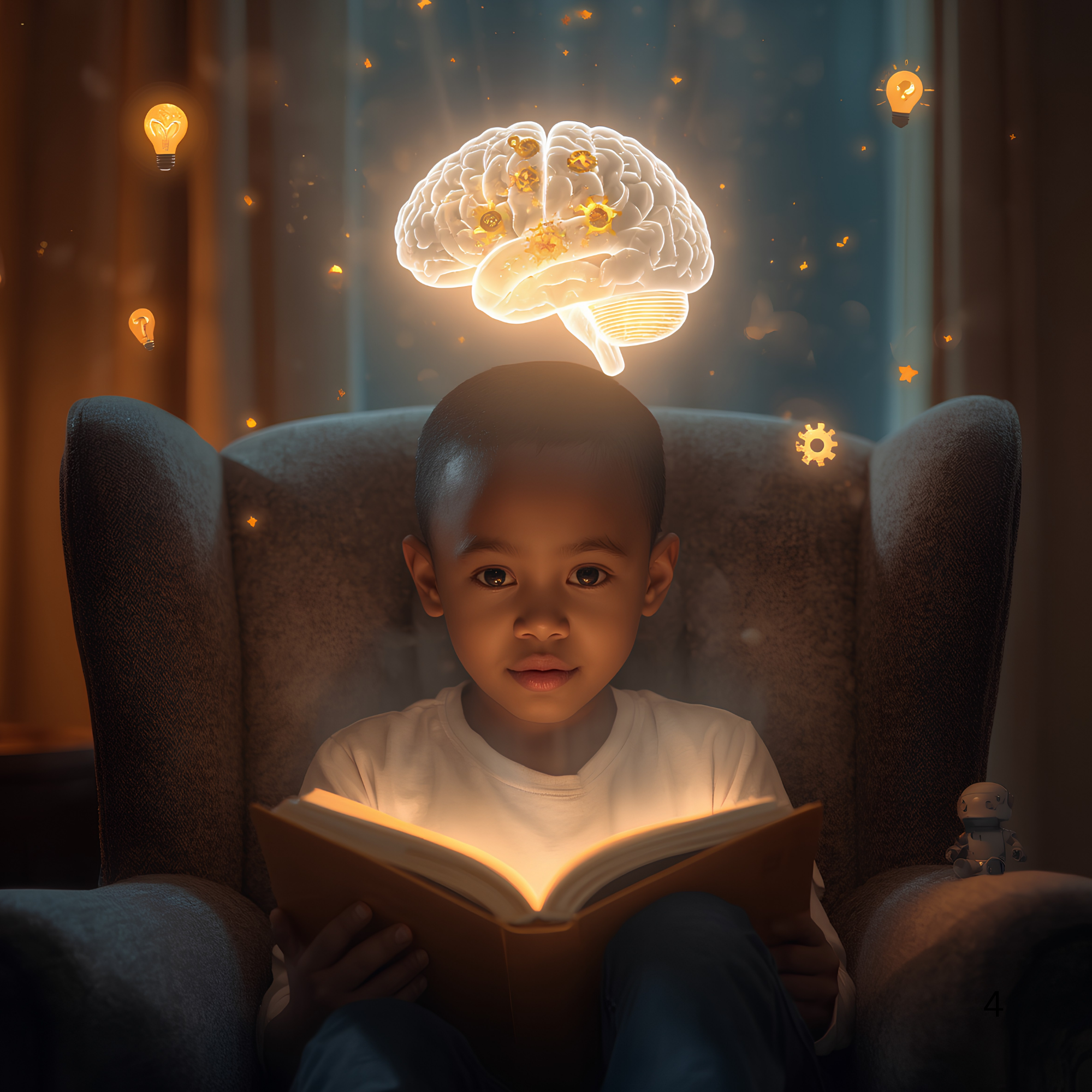 A child sits in an armchair holding an open book. A glowing brain rises from the pages with gears, stars, and golden light. Floating symbols: lightbulb, question mark, gear, star, and a tiny robot. Warm, dreamy room. The child looks curious and calm.