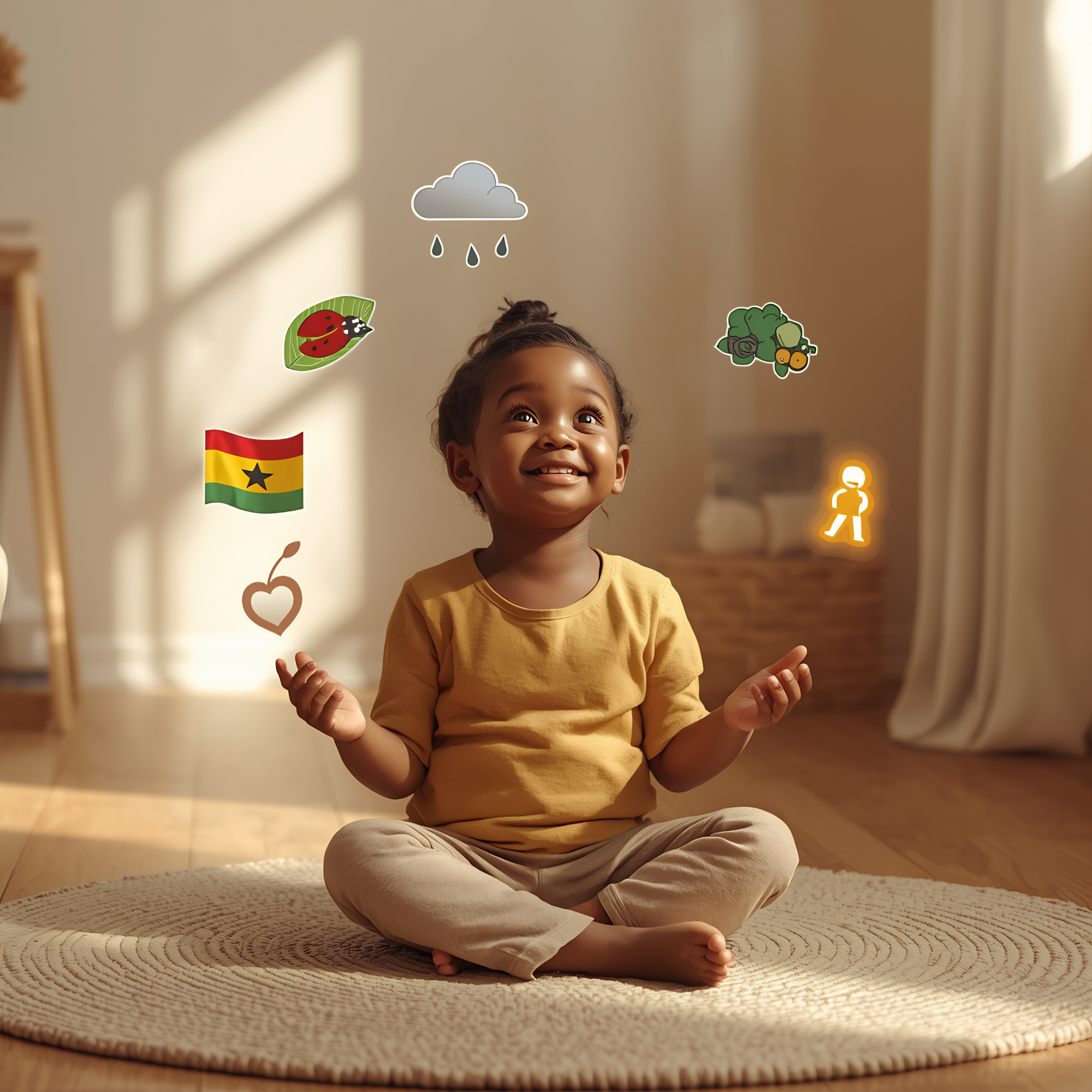  A young child (age 5, dark brown skin) sits cross-legged on a soft woven rug. Around the child, floating gently in the air, are simple, beautiful symbols of every series in our collection. She looks up at them with a wide, curious eyes and a soft smile.