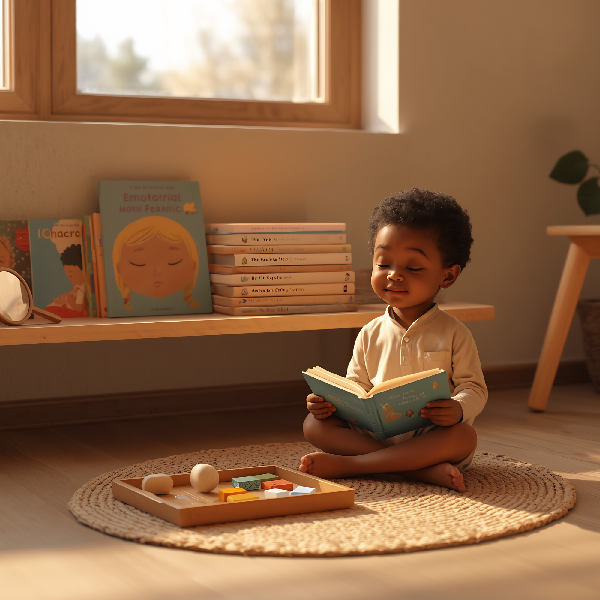 A warm, calm Montessori classroom corner with soft natural light from a large window. On a low wooden shelf, several simple, beautiful children's books are stacked neatly.