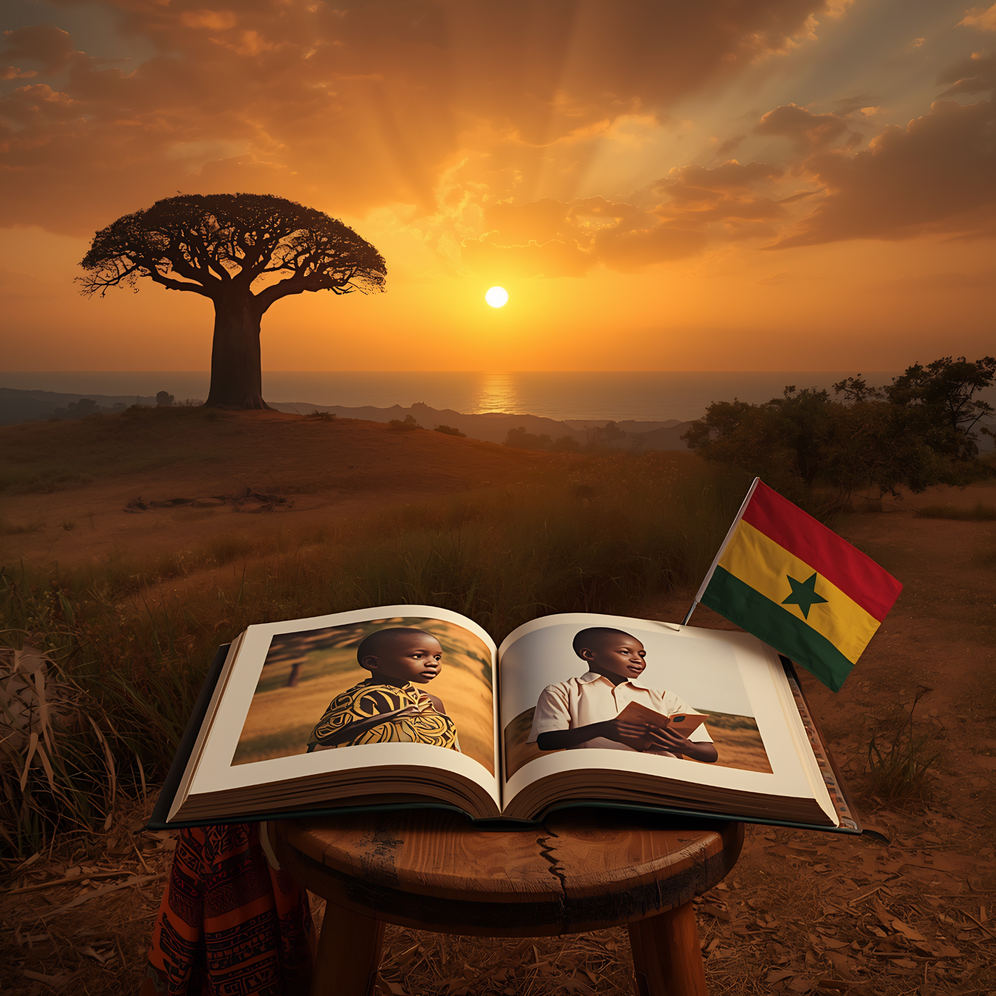 A warm, golden sunset over a peaceful Ghanaian landscape; a baobab tree on a hill, the Atlantic Ocean in the distance, a path leading to a village. In the foreground, an open book rests on a low wooden stool with the Ghana flag.