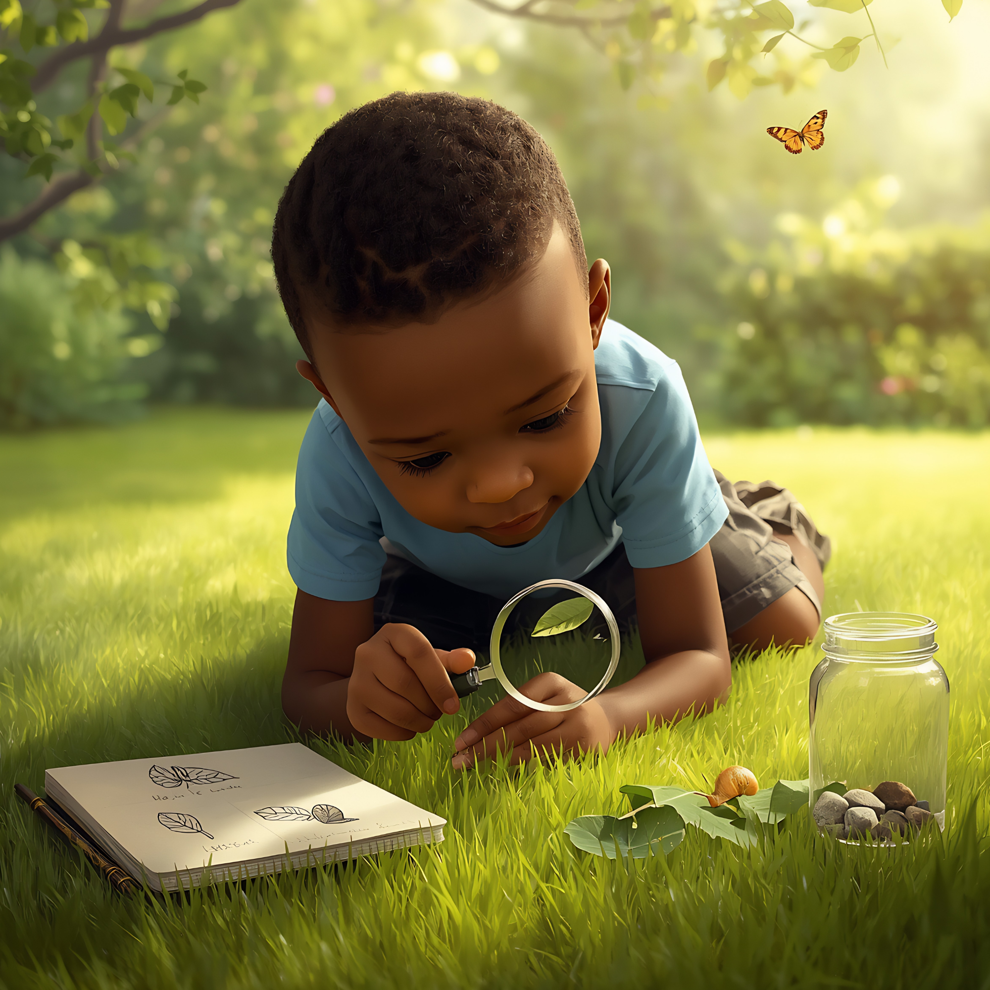 Ultra-realistic photograph of a young child (age 5-6) with warm brown skin and neat natural hair kneels on soft green grass in a sunny garden. The child holds a magnifying glass in one hand, carefully examining a green leaf.