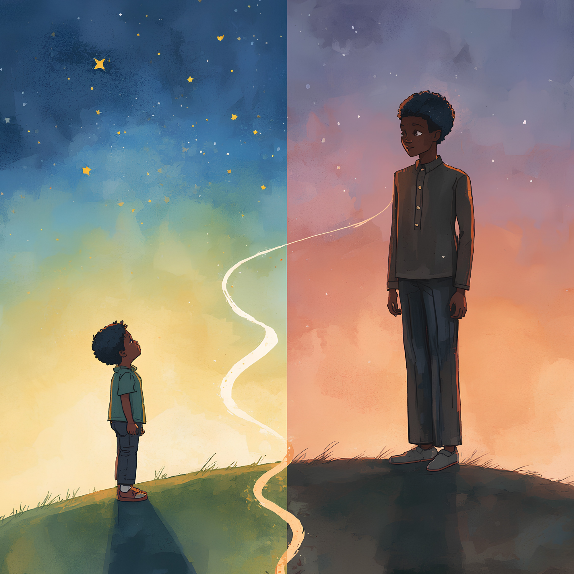 Illustration of a child looking at the stars, connected by a path of light to their grown, confident future self.