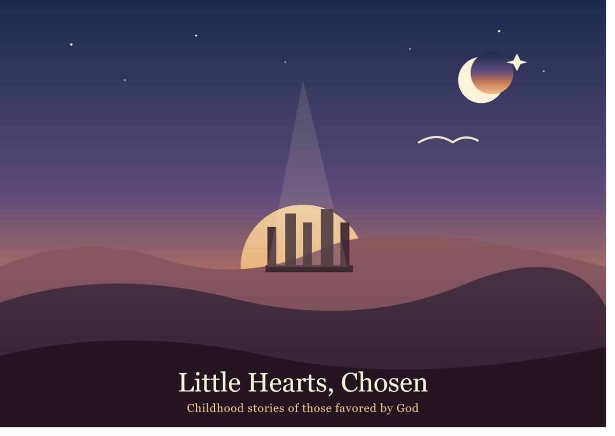 Desert at dusk, crescent moon and star over a distant temple, one dove in flight, no people. Text: 'Little Hearts, Chosen: Childhood stories of those favored by God.
