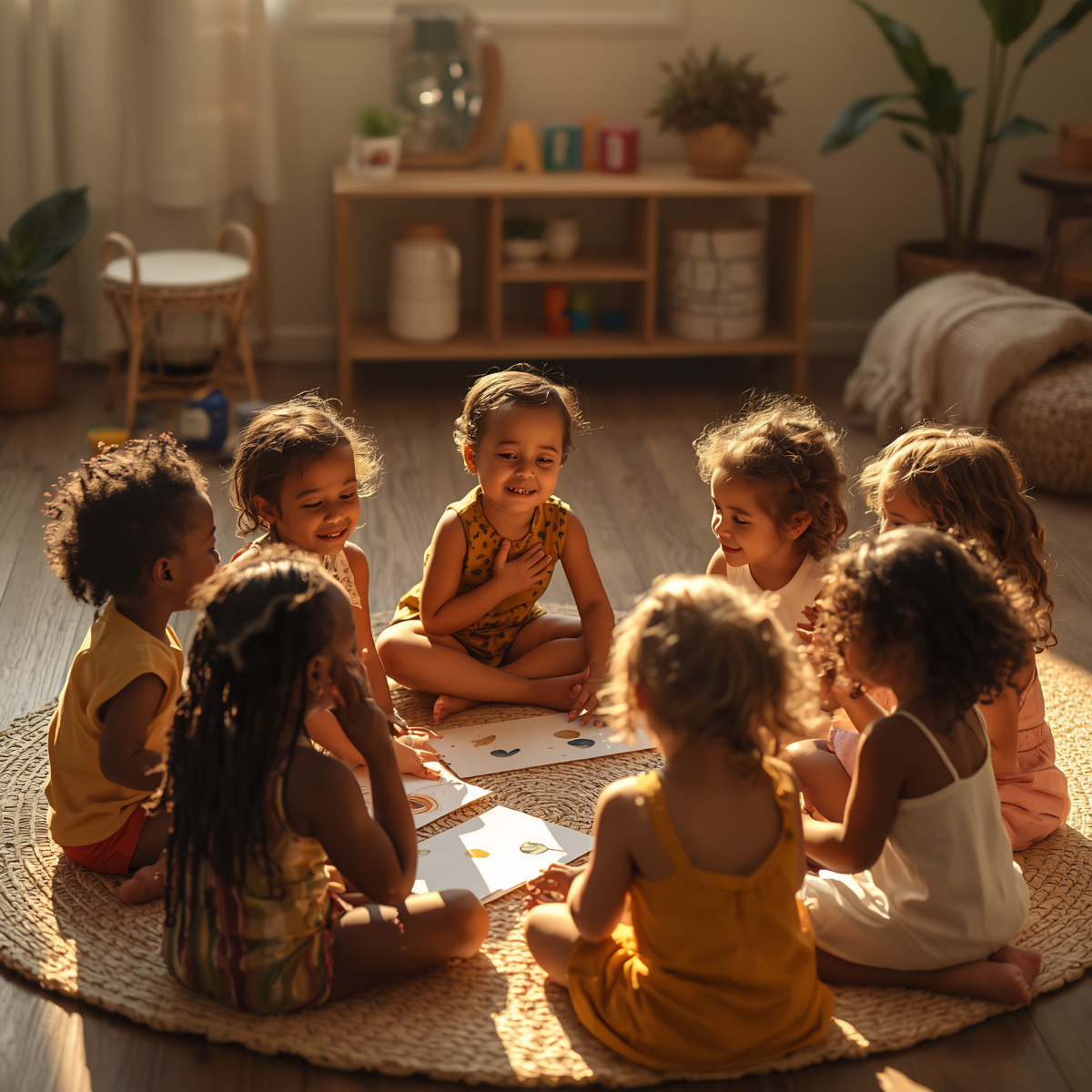 A diverse group of children (ages 3 -6) sits in a gentle circle on a soft woven rug. The children have a beautiful range of skin tones: deep brown, warm tan, golden olive, light peach, all glowing in the soft morning light.