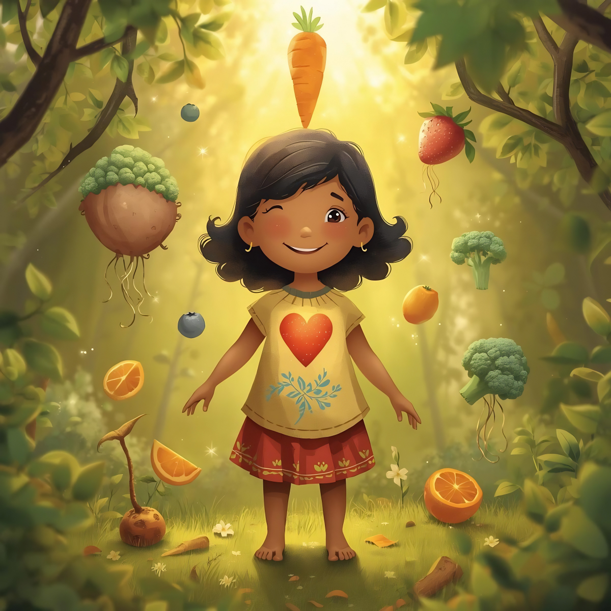 A warm, gentle, utterly delightful image of a healthy child (age 5-6) standing in a magical garden, but the garden is their body, growing from the healthy foods they eat.