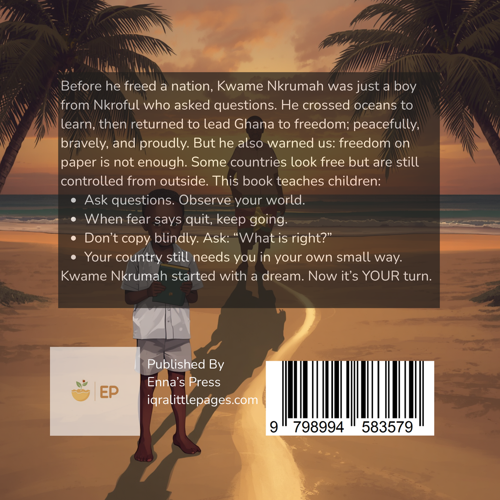 Back cover of a book titled 'Before He Freed A Nation' by Kwame Nkrumah, published by Emma's Press. The cover features a sunset beach scene with palm trees, a silhouette of a person walking, and a large semi-transparent text block containing biographical text and a barcode.