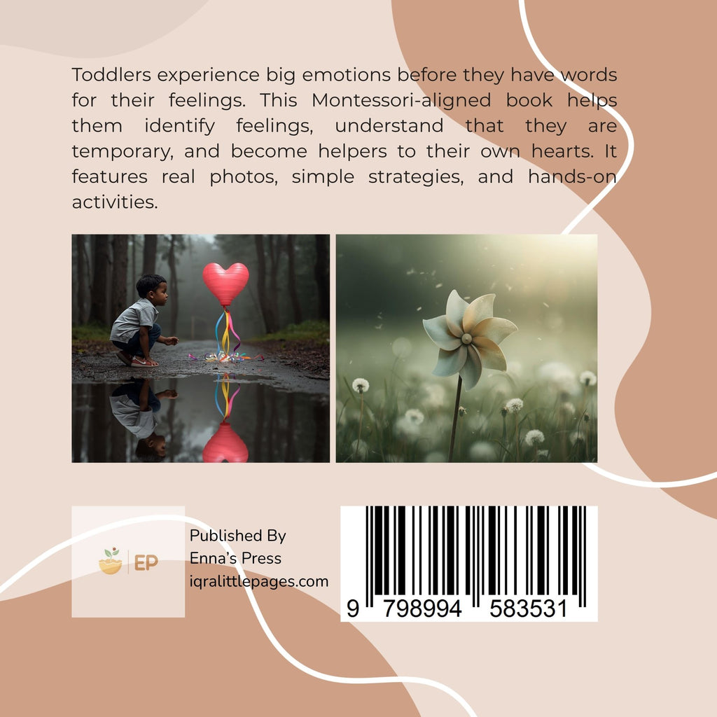 Back cover of a children's book with descriptive text, two inset photos showing a child crouching in a puddle with a pink heart balloon and a white flower wind spinner, a barcode, and the publisher mark Enna's Press.