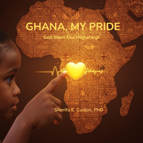 Child pointing at a glowing heart on a map of Ghana with 'Ghana, My Pride' text.