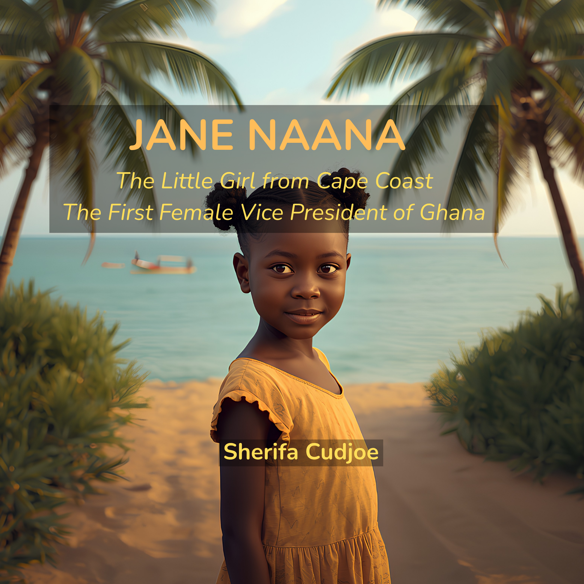 Book cover for 'Jane Naana' by Sherifa Cudjoe, featuring a young girl in a yellow dress standing on a beach path with palm trees and the ocean in the background.