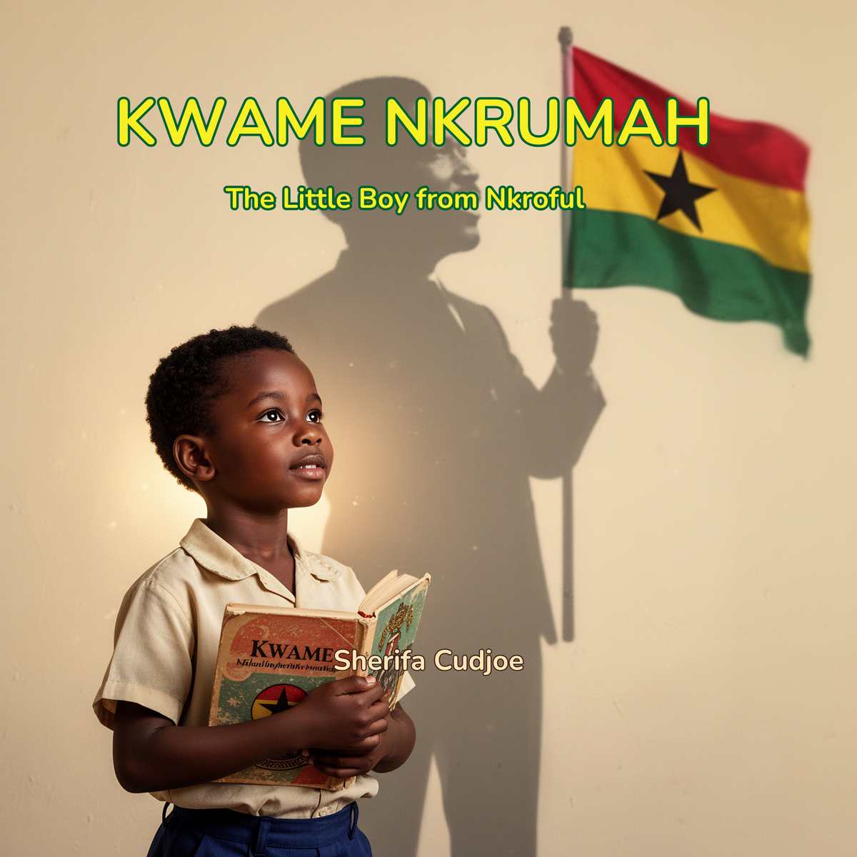 Album cover art for 'KWAME NKRUMAH' by Sherifa Cudjoe, featuring a young boy holding a book and a Ghanaian flag, with his shadow cast on a beige wall.