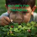Child examining a ladybug with a magnifying glass on clover leaves, with text 'Nature's Tiny Treasures' and author name.