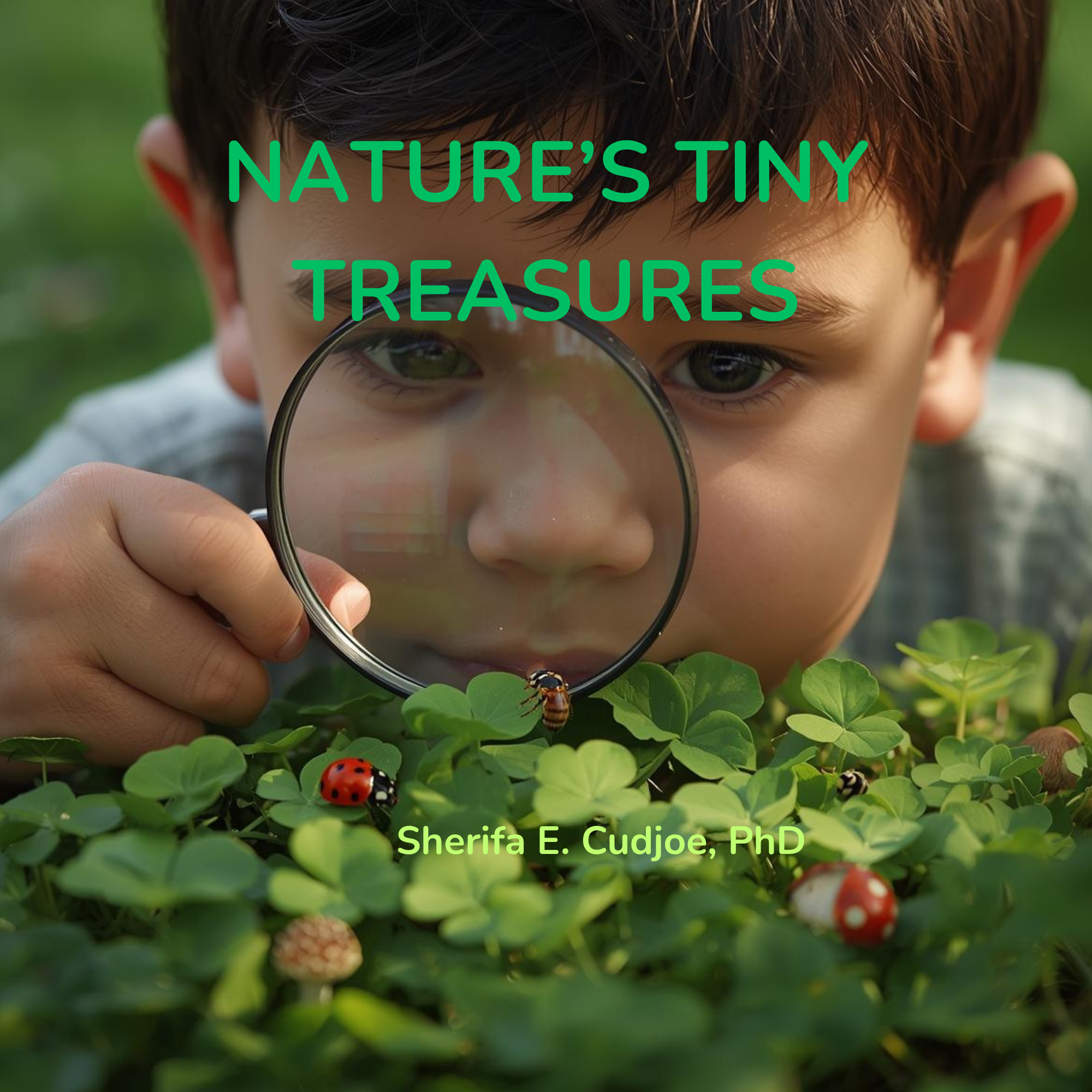Child examining a ladybug with a magnifying glass on clover leaves, with text 'Nature's Tiny Treasures' and author name.
