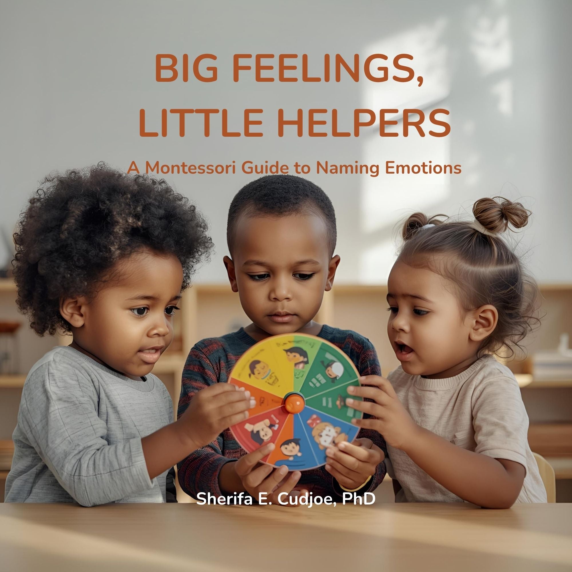 Three children looking at a colorful emotion wheel with the book 'Big Feelings, Little Helpers' displayed above.