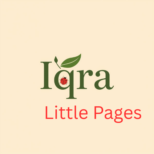 Logo of Iqra Little Pages with green text, a red ladybug in the letter q and a red text of 'Little Pages' on a beige background