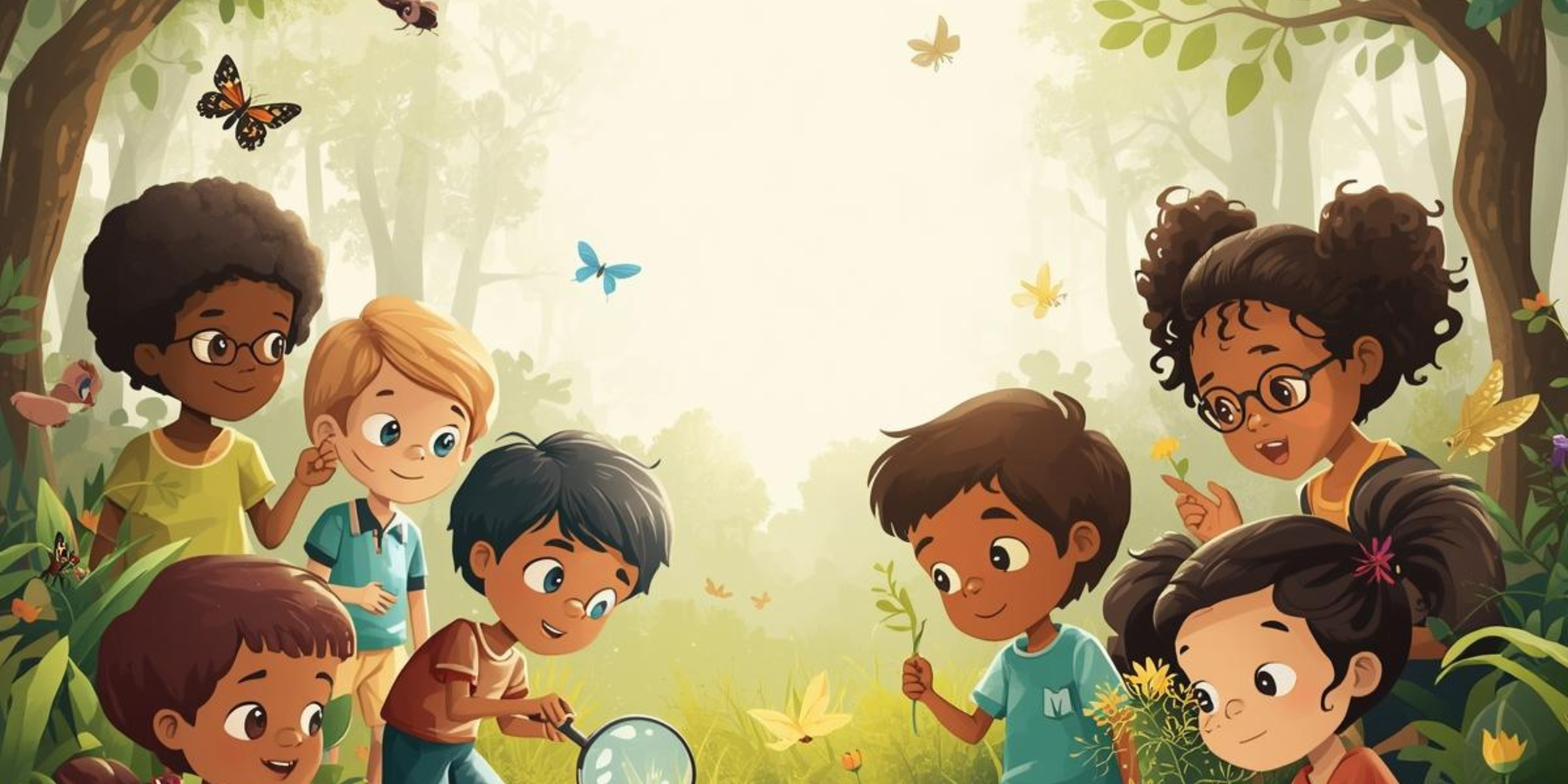 Illustration of children with diverse skin tones exploring a forest with butterflies and flowers.